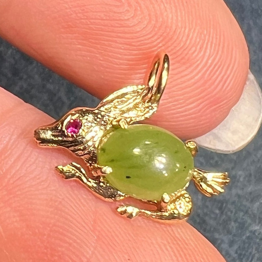 14k Gold Bunny Rabbit Pendant w Jade Jelly Belly + Ruby. TINY!