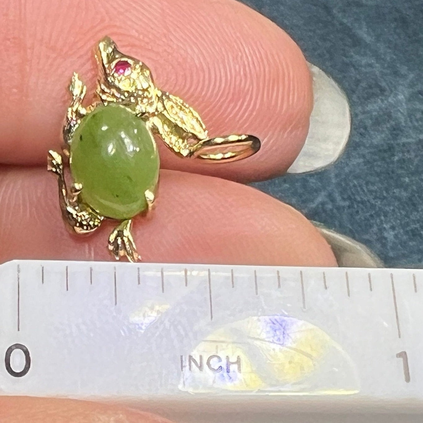 14k Gold Bunny Rabbit Pendant w Jade Jelly Belly + Ruby. TINY!