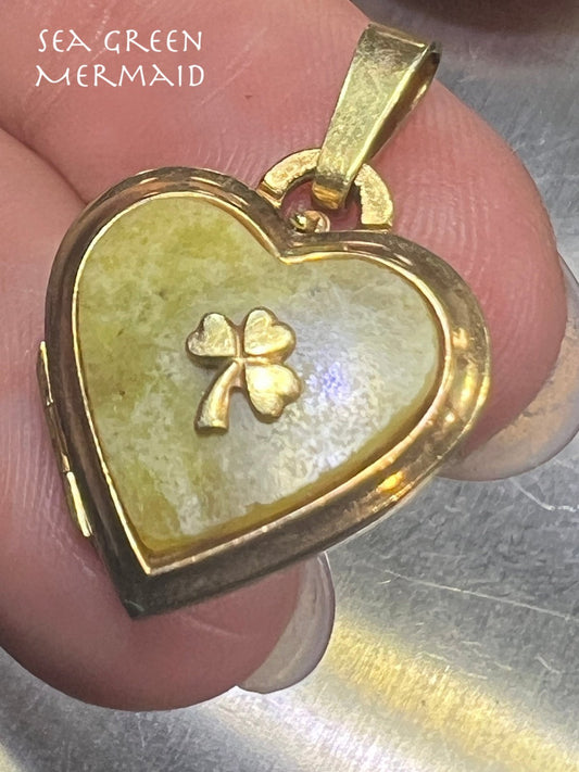 14k Gold CONNEMARA MARBLE Heart Locket Pendant w Shamrock. Irish Celtic