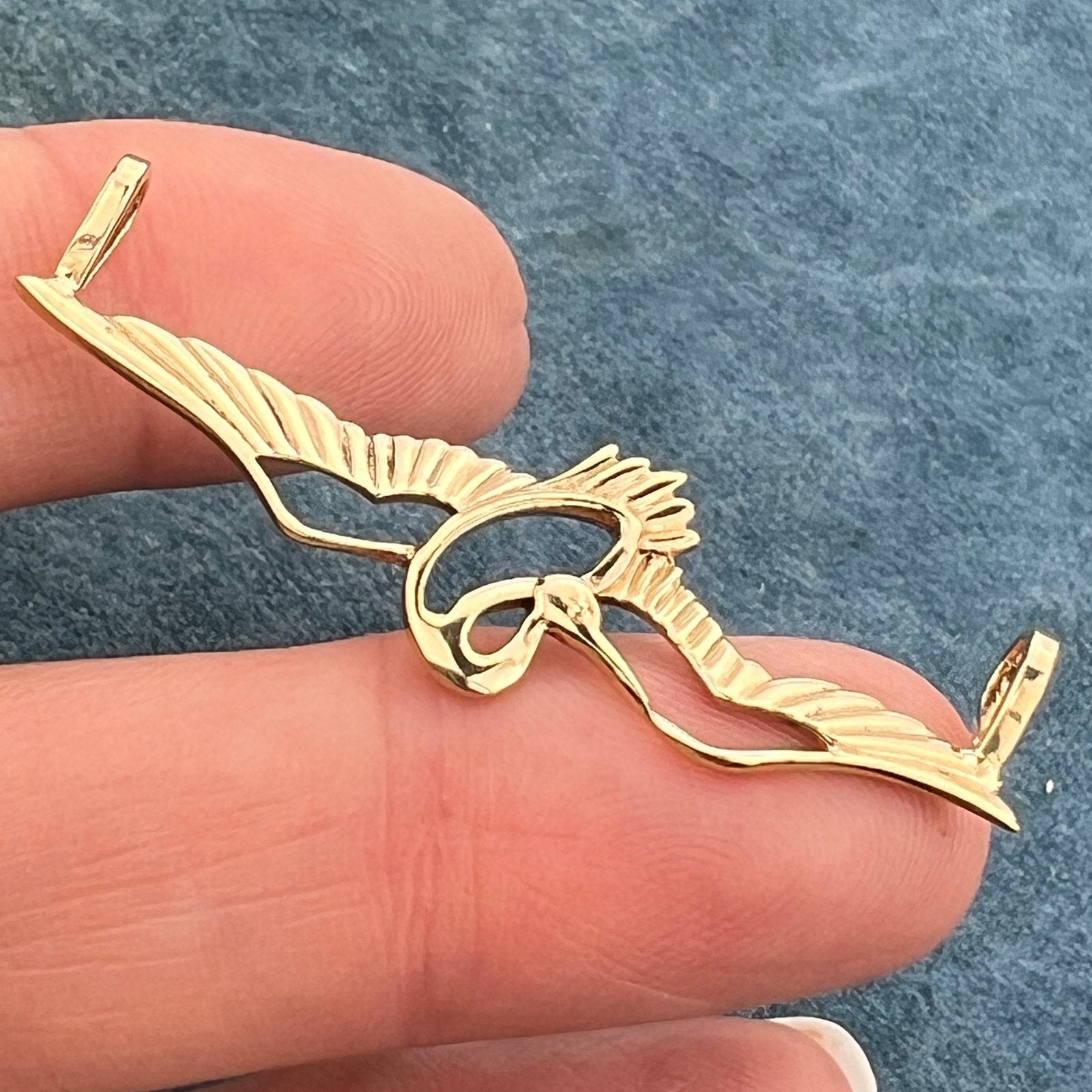 14k Gold CRANE In Mid-Flight Pendant. Longevity & Purity. 1.8" Wide