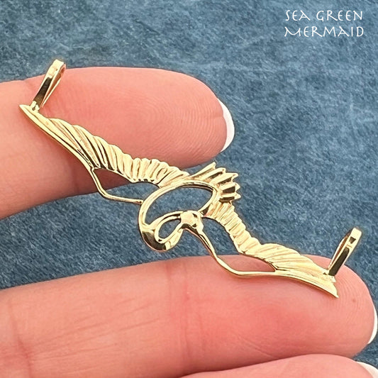 14k Gold CRANE In Mid-Flight Pendant. Longevity & Purity. 1.8" Wide