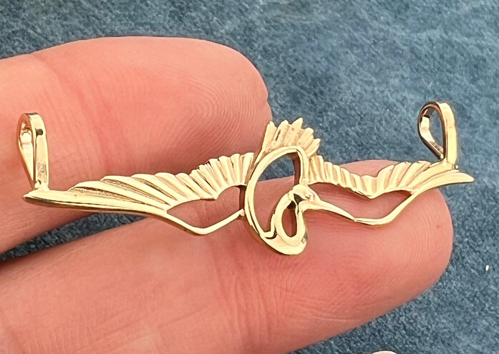 14k Gold CRANE In Mid-Flight Pendant. Longevity & Purity. 1.8" Wide