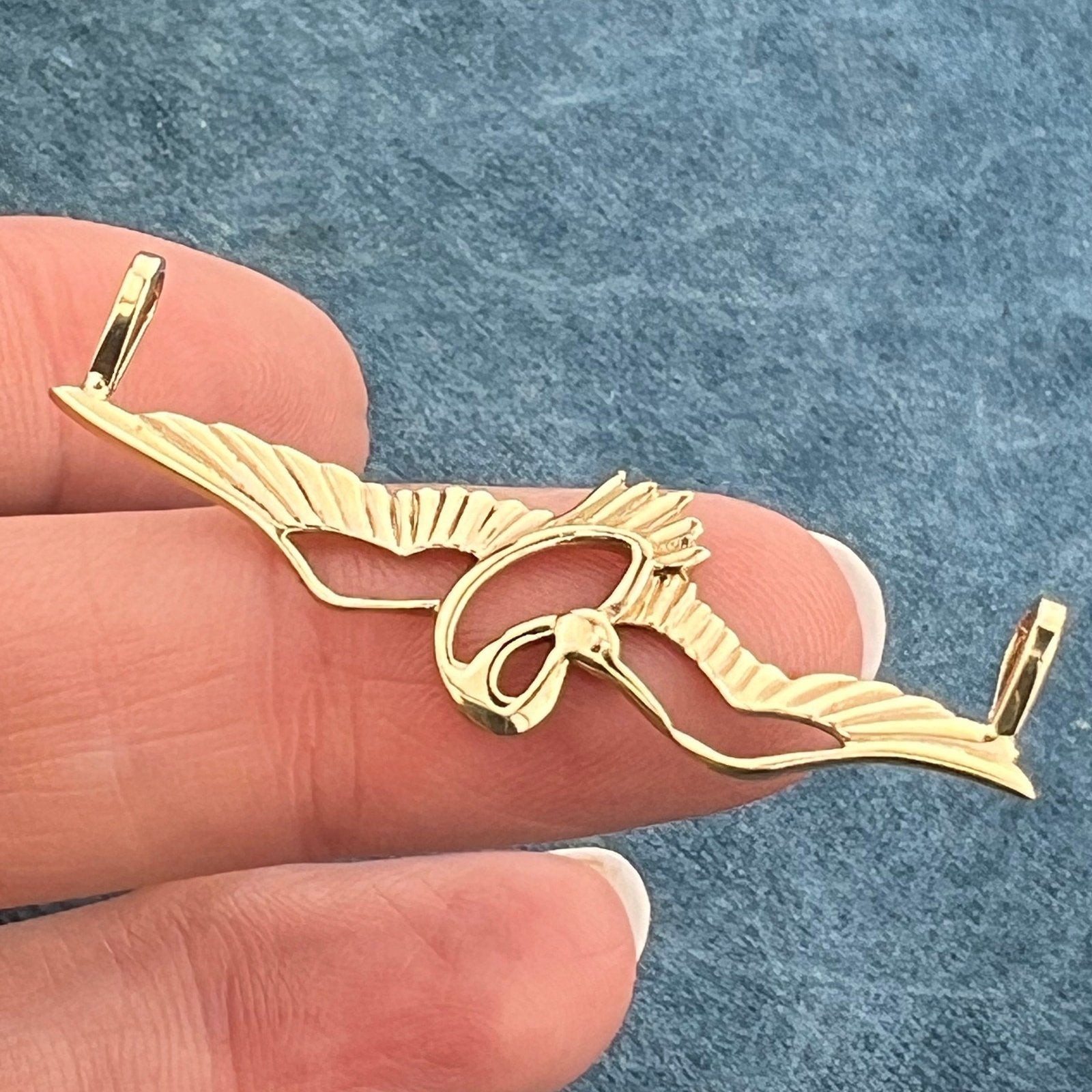 14k Gold CRANE In Mid-Flight Pendant. Longevity & Purity. 1.8" Wide