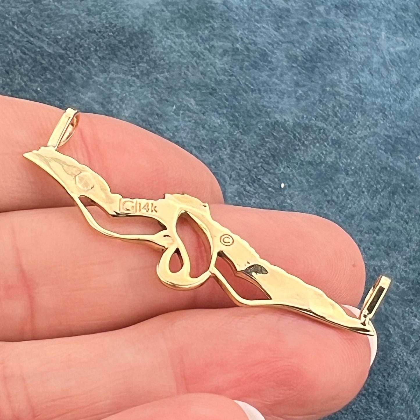 14k Gold CRANE In Mid-Flight Pendant. Longevity & Purity. 1.8" Wide