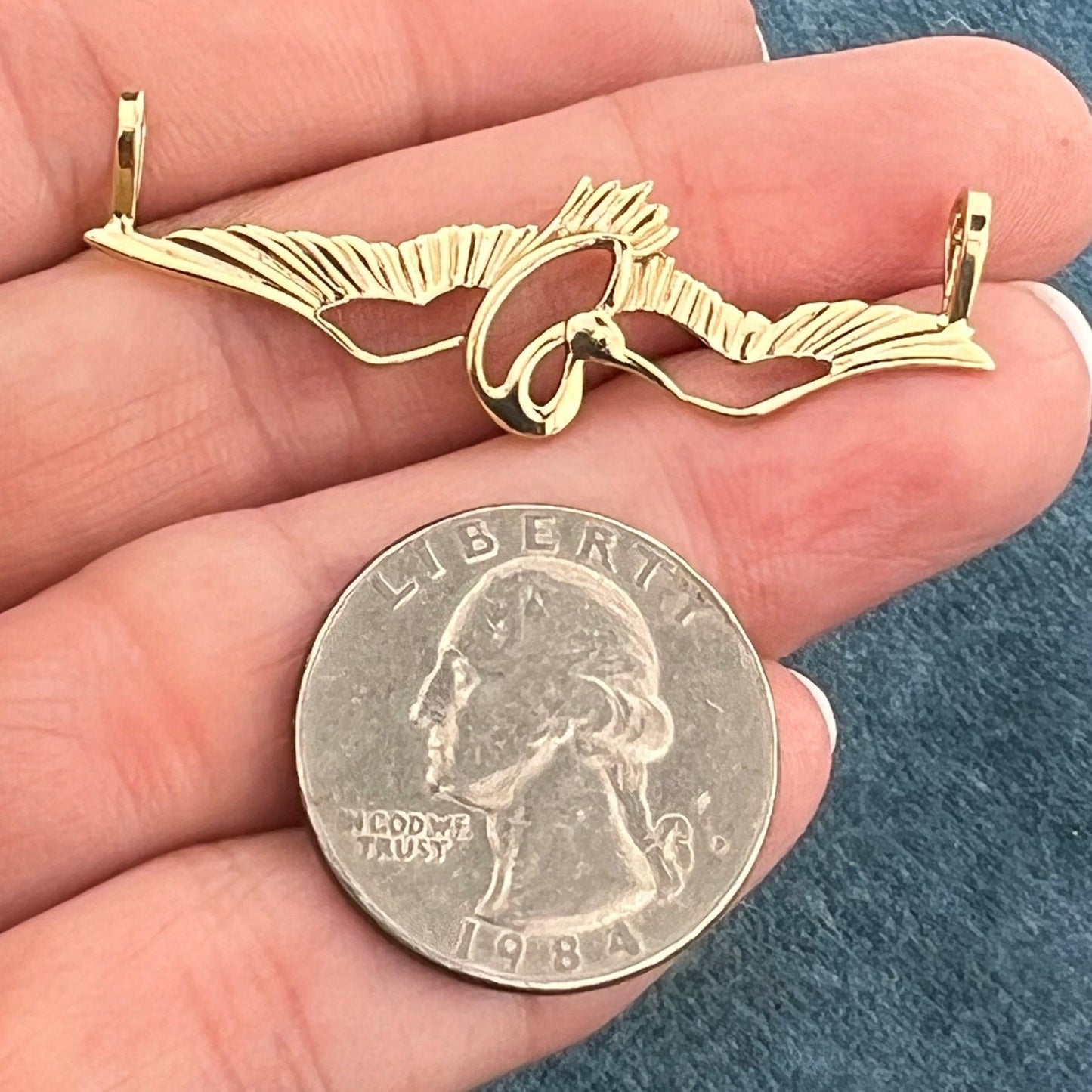 14k Gold CRANE In Mid-Flight Pendant. Longevity & Purity. 1.8" Wide