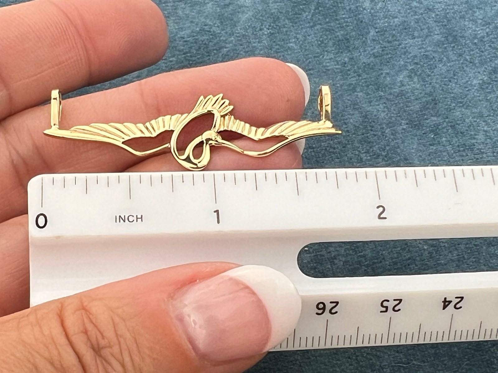 14k Gold CRANE In Mid-Flight Pendant. Longevity & Purity. 1.8" Wide