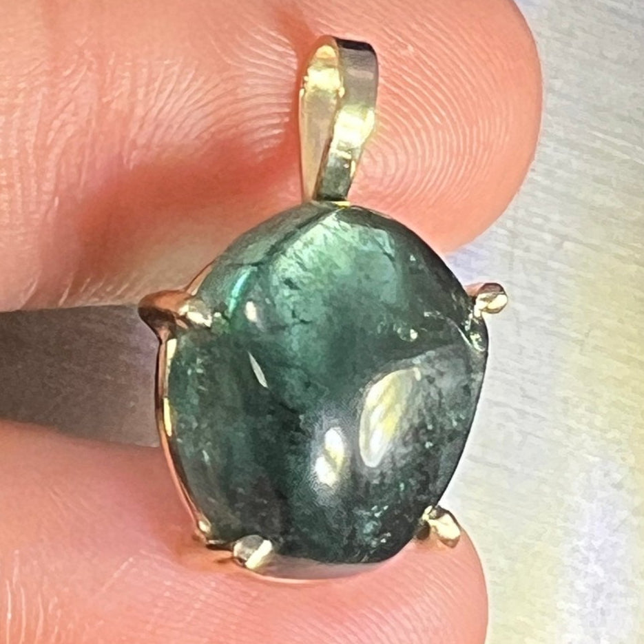 14k Gold Cabochon Blue-Green Tourmaline Pendant. 1" *Video*