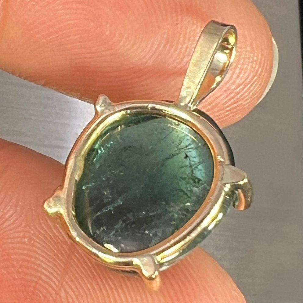 14k Gold Cabochon Blue-Green Tourmaline Pendant. 1" *Video*