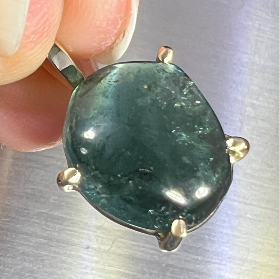14k Gold Cabochon Blue-Green Tourmaline Pendant. 1" *Video*