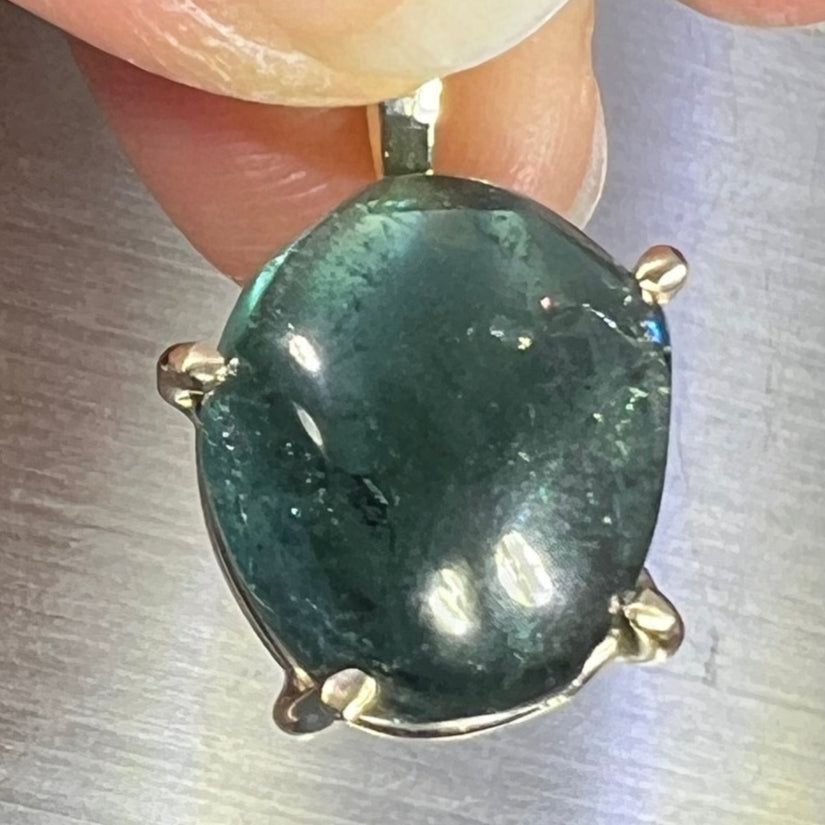 14k Gold Cabochon Blue-Green Tourmaline Pendant. 1" *Video*