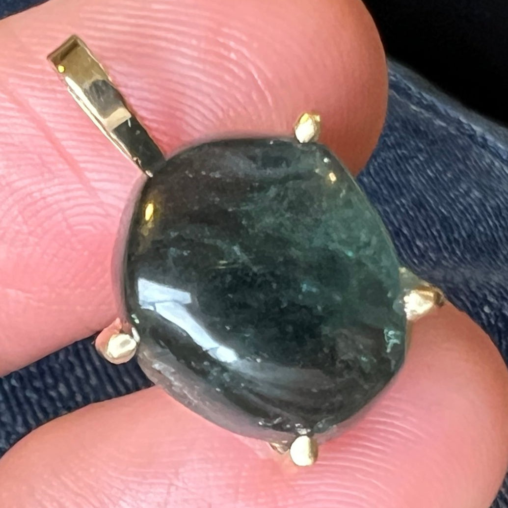 14k Gold Cabochon Blue-Green Tourmaline Pendant. 1" *Video*
