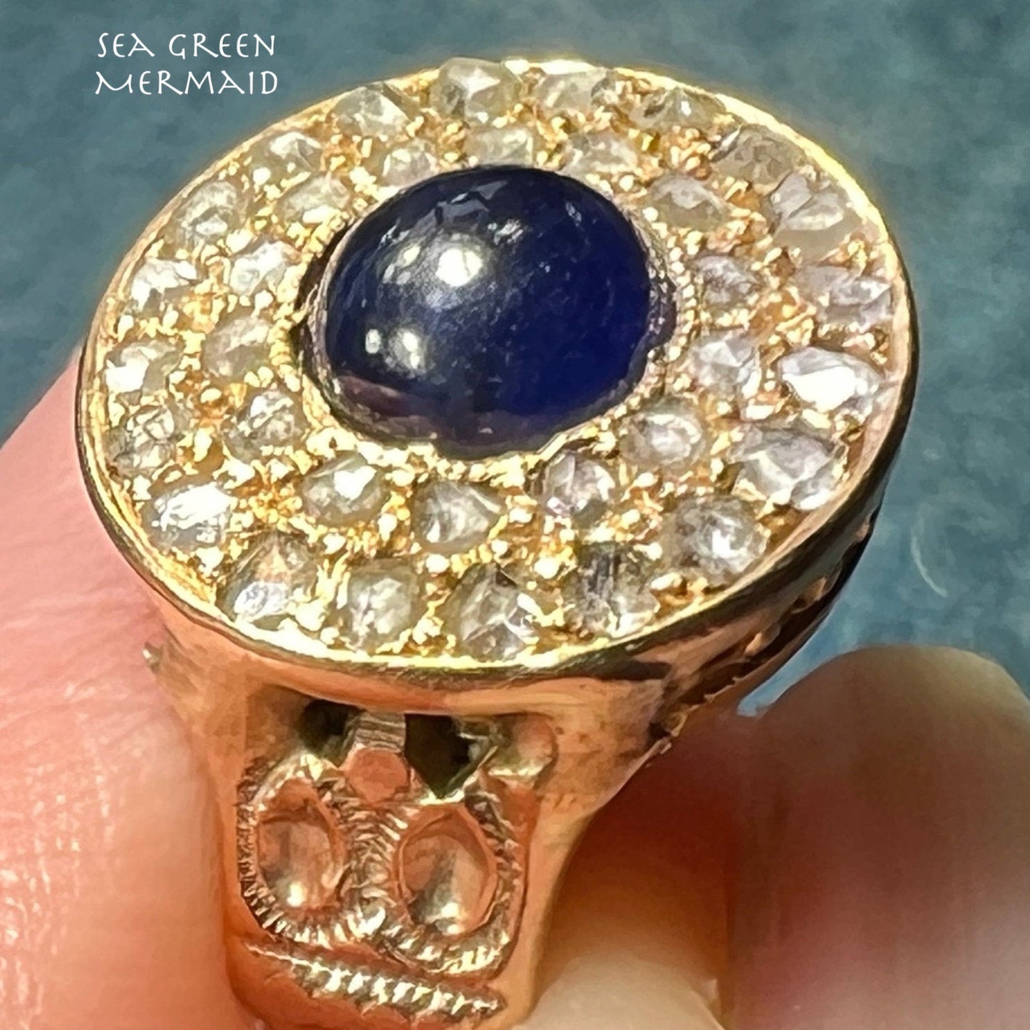 14k Gold Cabochon Blue Sapphire Ring w Pave Rose-Cut Diamond Halo