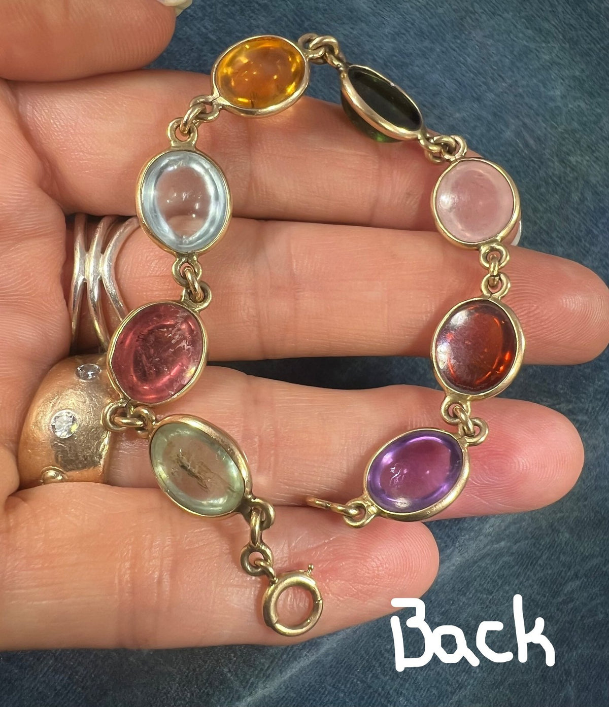 14k Gold Cabochon Multi-Gem Bracelet. Amethyst Tourmaline. 12g
