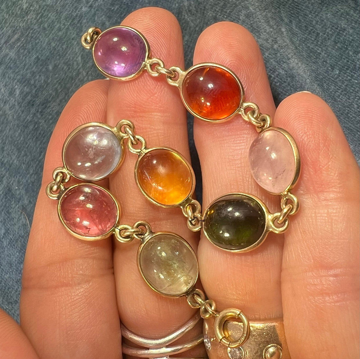 14k Gold Cabochon Multi-Gem Bracelet. Amethyst Tourmaline. 12g
