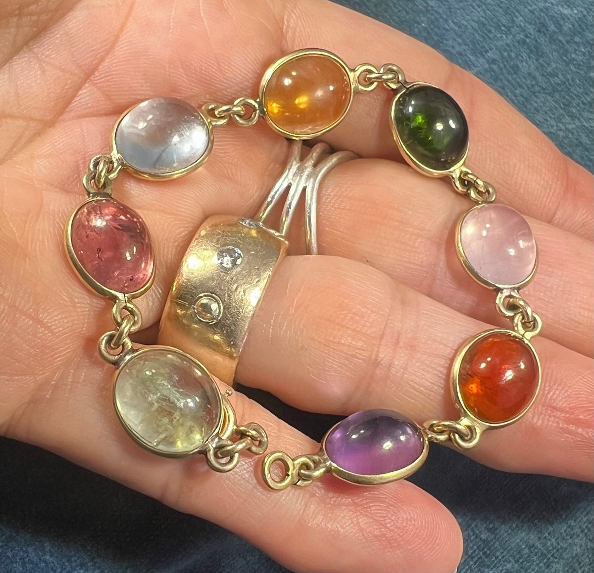14k Gold Cabochon Multi-Gem Bracelet. Amethyst Tourmaline. 12g