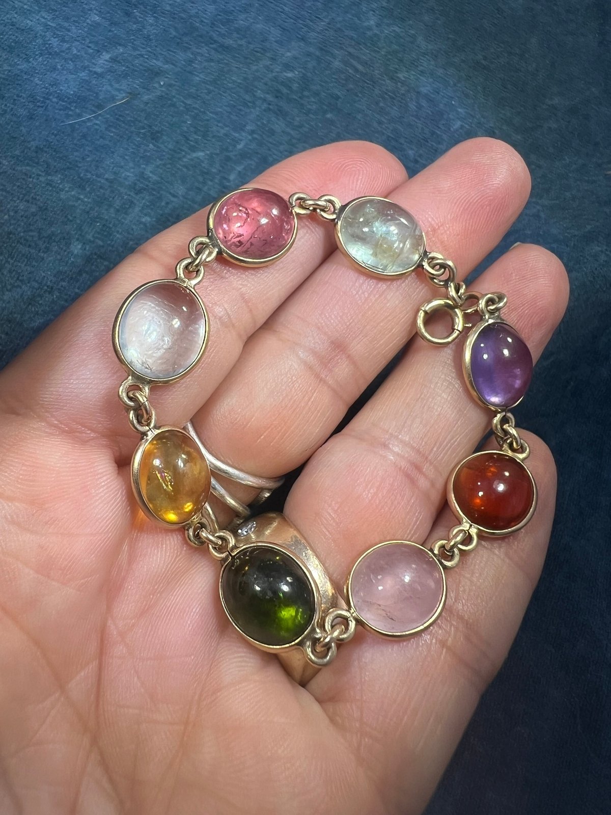 14k Gold Cabochon Multi-Gem Bracelet. Amethyst Tourmaline. 12g
