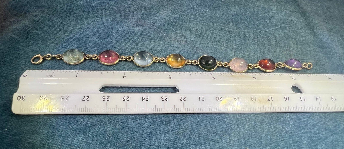 14k Gold Cabochon Multi-Gem Bracelet. Amethyst Tourmaline. 12g