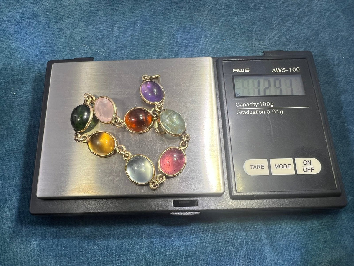 14k Gold Cabochon Multi-Gem Bracelet. Amethyst Tourmaline. 12g