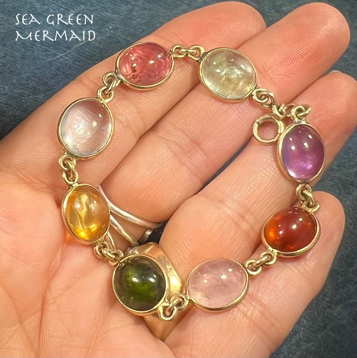14k Gold Cabochon Multi-Gem Bracelet. Amethyst Tourmaline. 12g