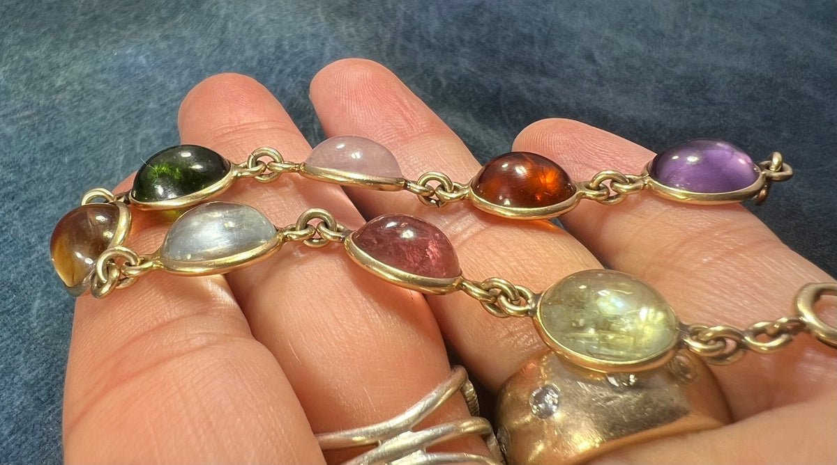 14k Gold Cabochon Multi-Gem Bracelet. Amethyst Tourmaline. 12g