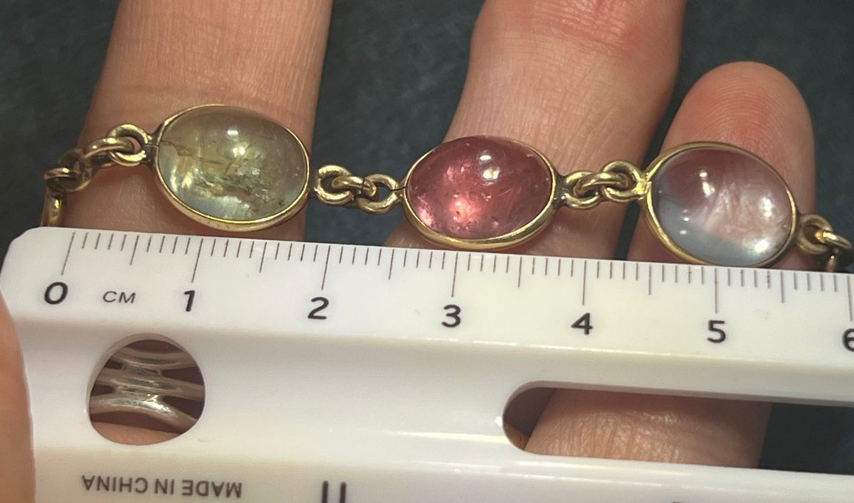 14k Gold Cabochon Multi-Gem Bracelet. Amethyst Tourmaline. 12g