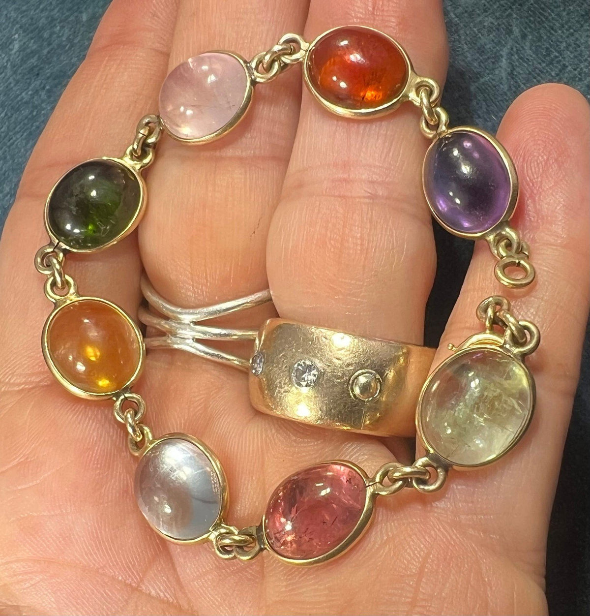 14k Gold Cabochon Multi-Gem Bracelet. Amethyst Tourmaline. 12g