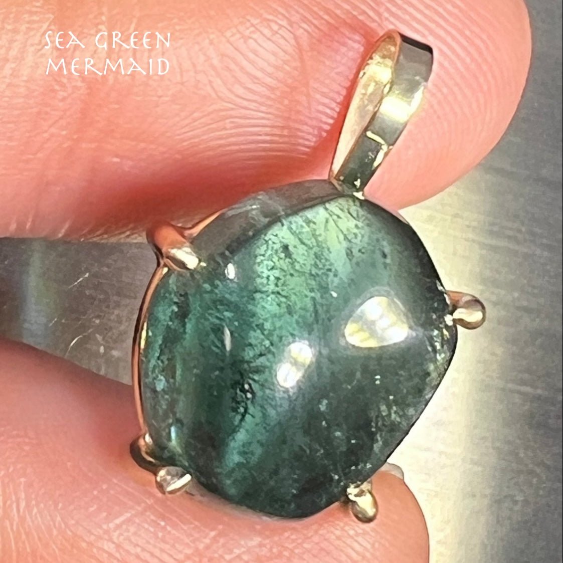 14k Gold Cabochon Ocean Blue-Green Tourmaline Pendant *Video*