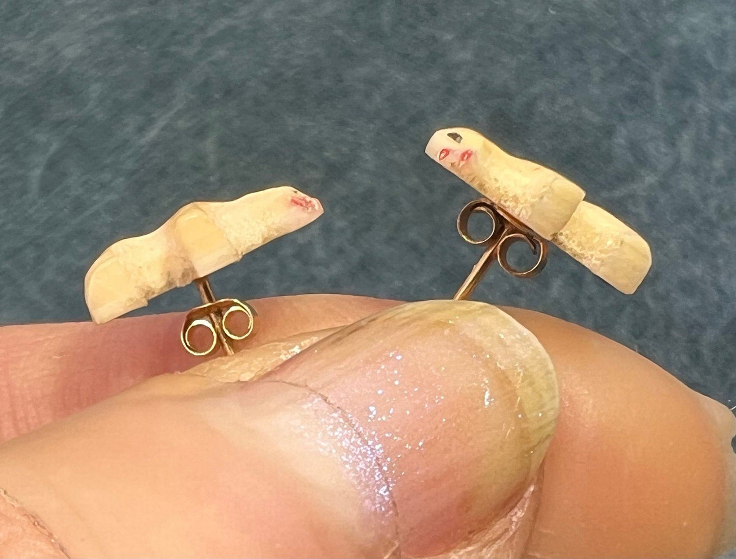 14k Gold Carved 1940s Alaskan Polar Bear Earrings. Tiny!