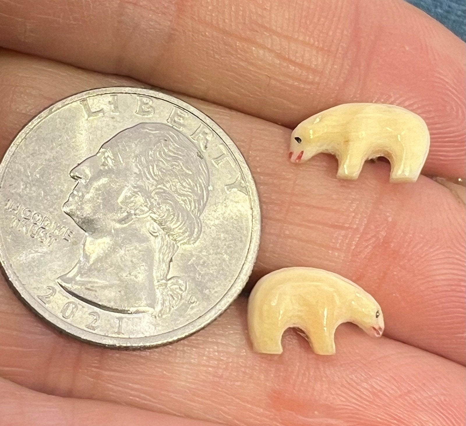 14k Gold Carved 1940s Alaskan Polar Bear Earrings. Tiny!