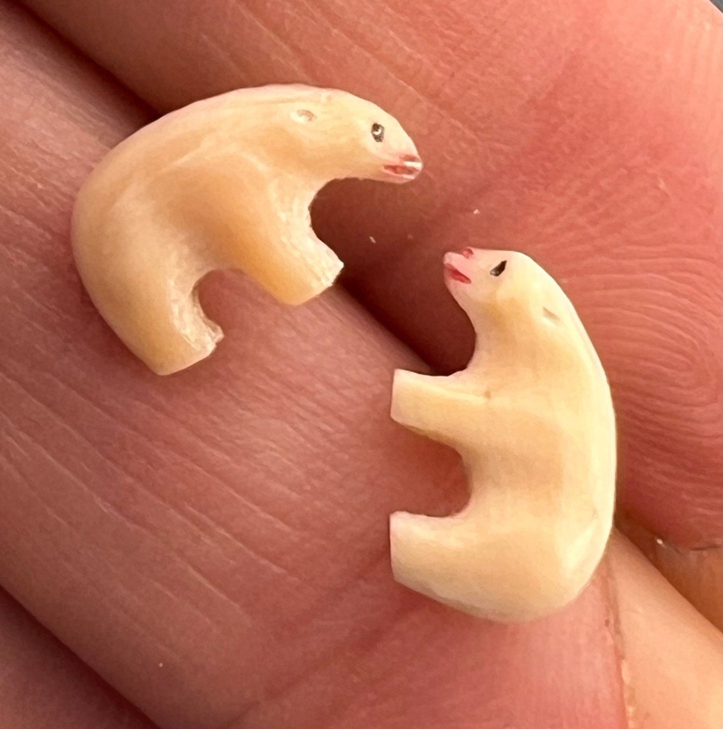 14k Gold Carved 1940s Alaskan Polar Bear Earrings. Tiny!