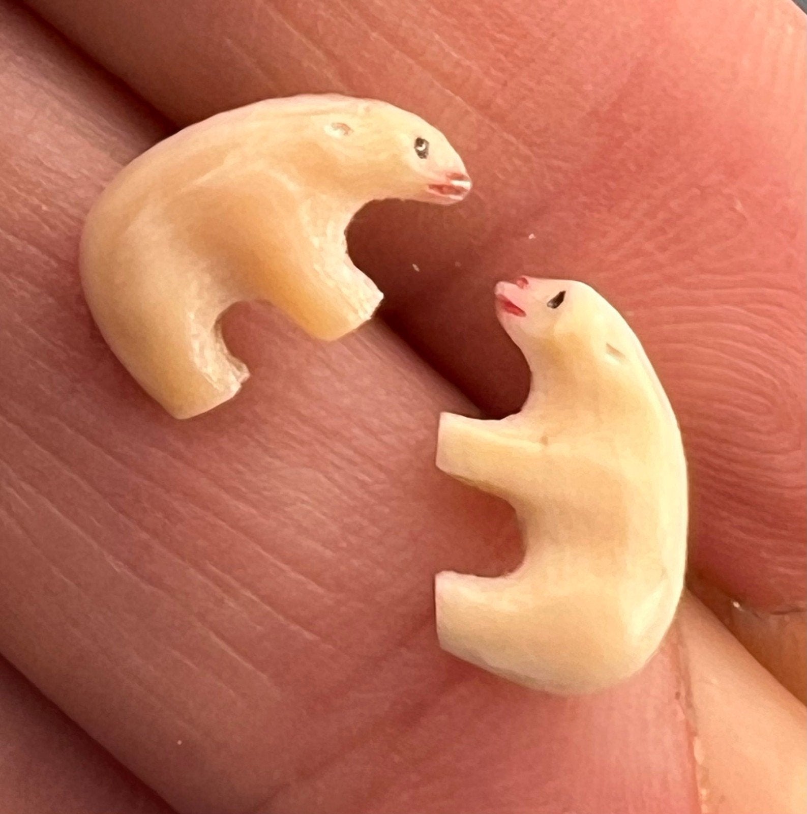 14k Gold Carved 1940s Alaskan Polar Bear Earrings. Tiny!