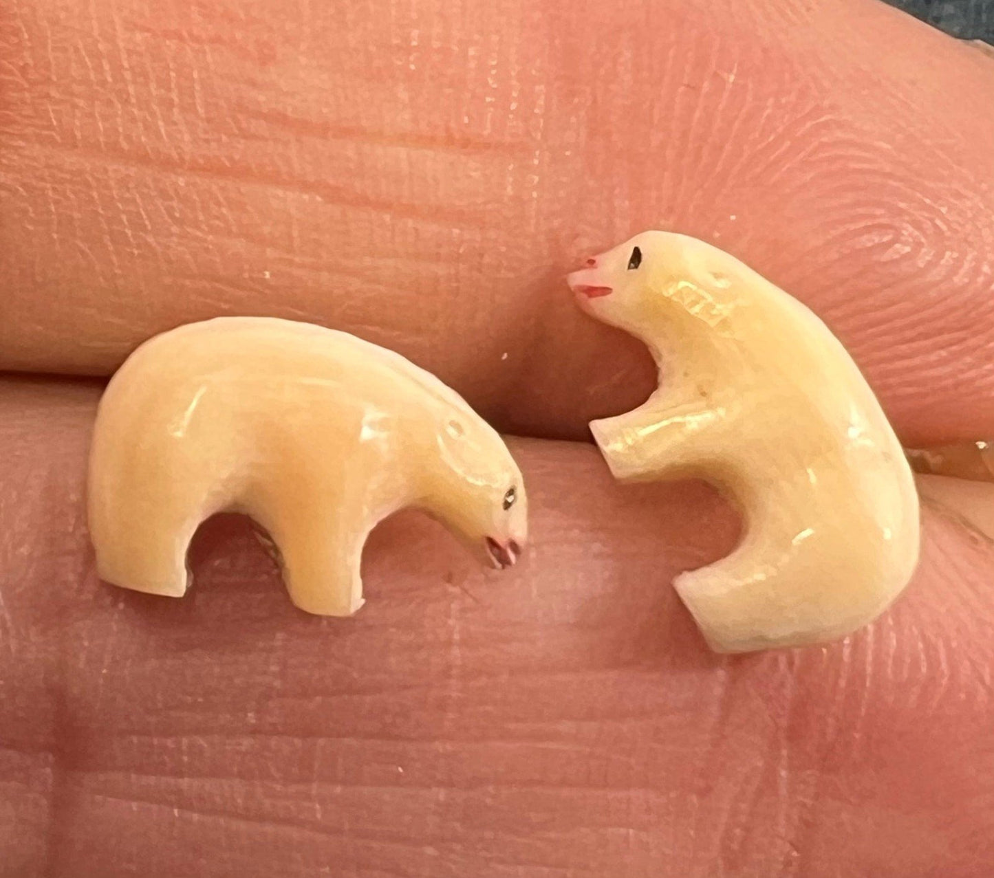 14k Gold Carved 1940s Alaskan Polar Bear Earrings. Tiny!