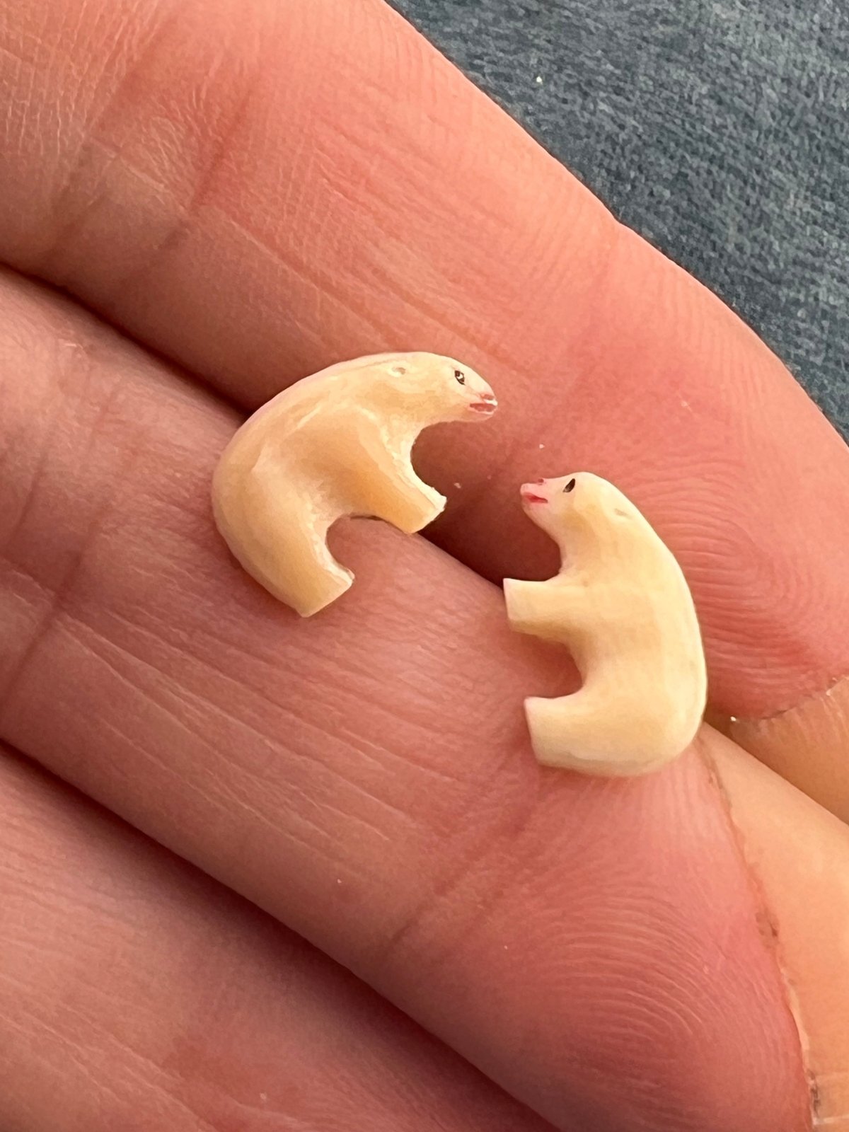 14k Gold Carved 1940s Alaskan Polar Bear Earrings. Tiny!