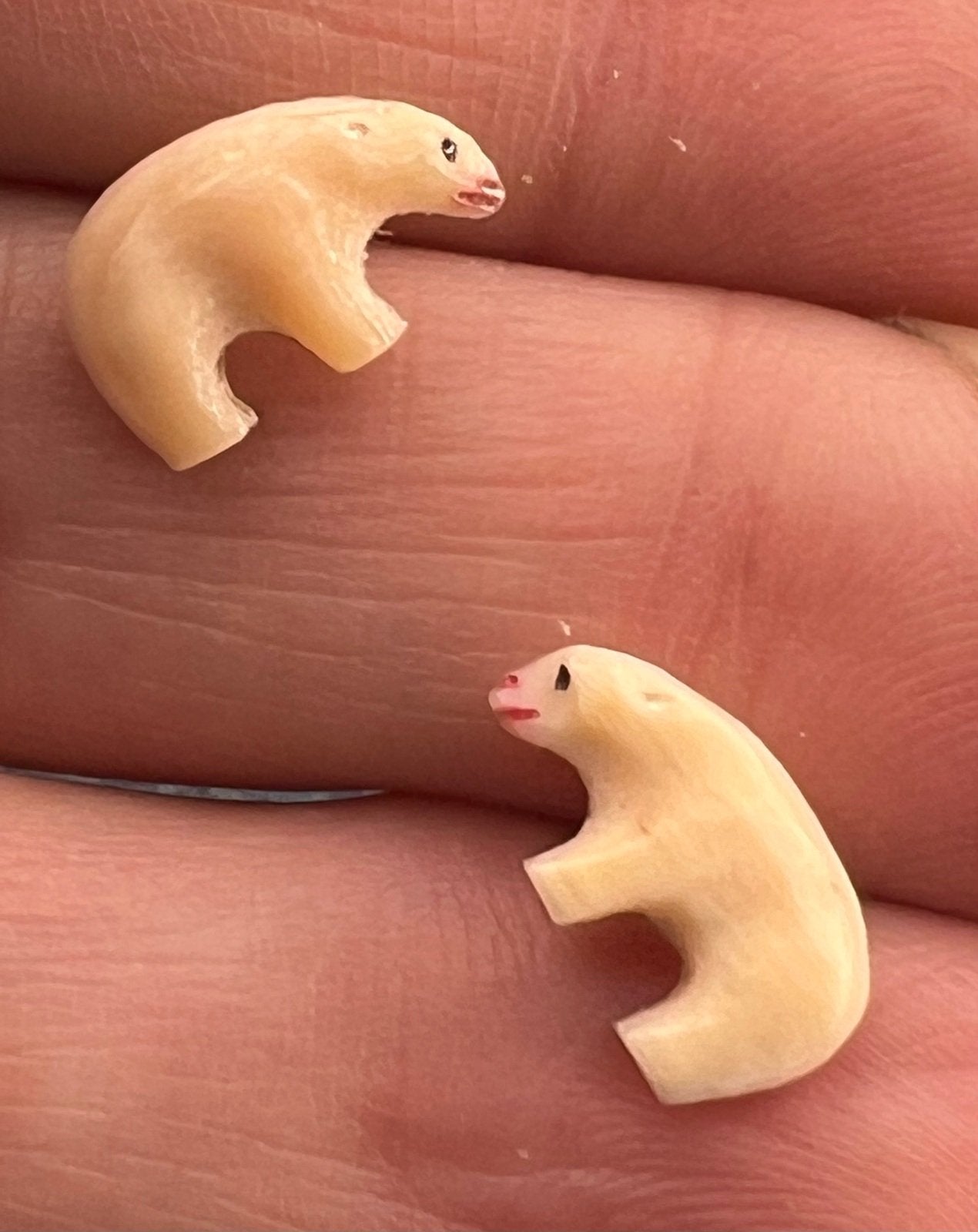 14k Gold Carved 1940s Alaskan Polar Bear Earrings. Tiny!