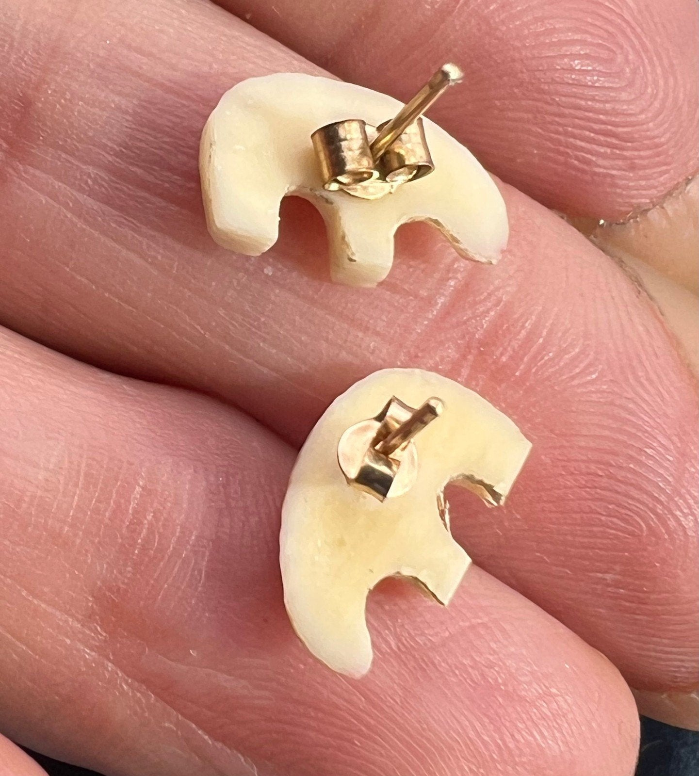 14k Gold Carved 1940s Alaskan Polar Bear Earrings. Tiny!