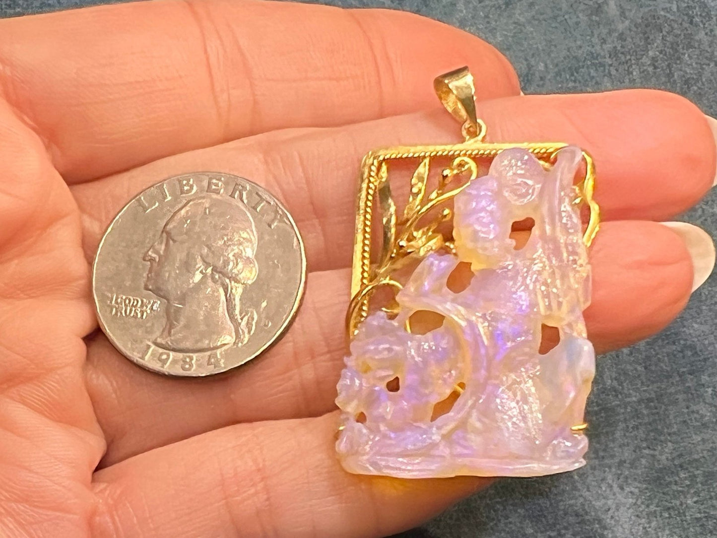 14k Gold Carved Australian Opal Guanyin Pendant. 1.7"+ 8g *Video*