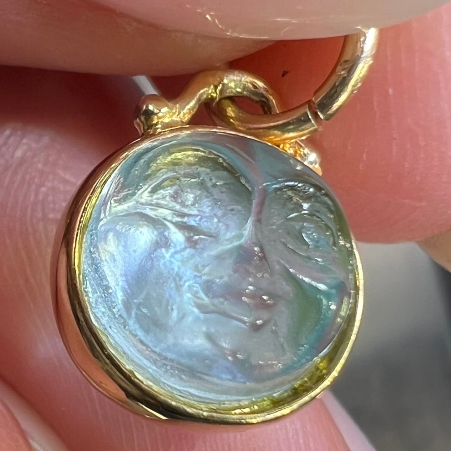 14k Gold Carved Blue "Man in Moon" Face Pendant. 2-Sided *Video*