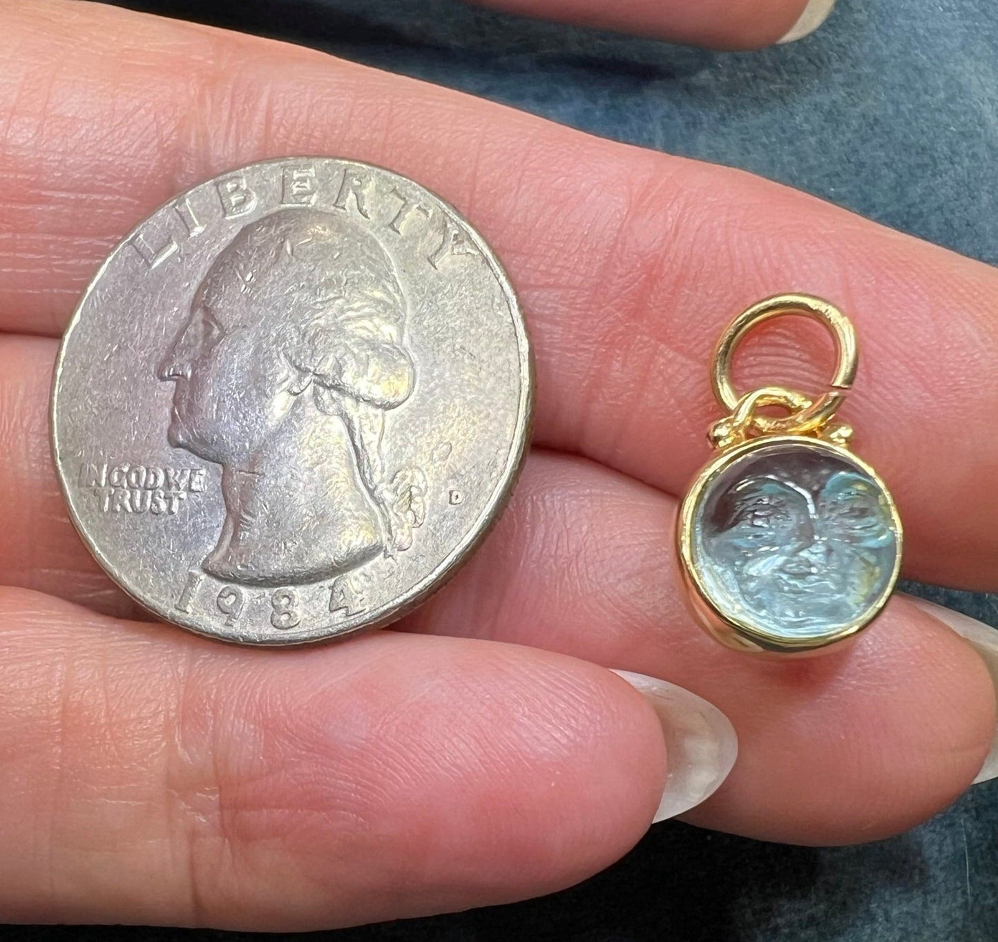 14k Gold Carved Blue "Man in Moon" Face Pendant. 2-Sided *Video*