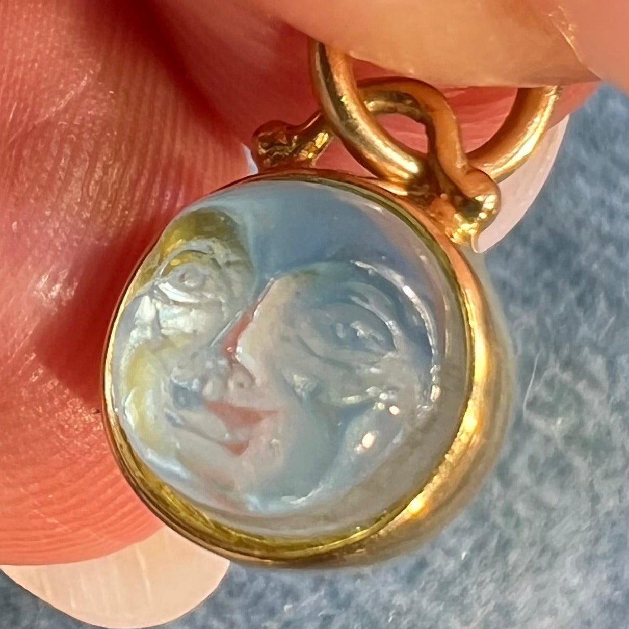 14k Gold Carved Blue "Man in Moon" Face Pendant. 2-Sided *Video*