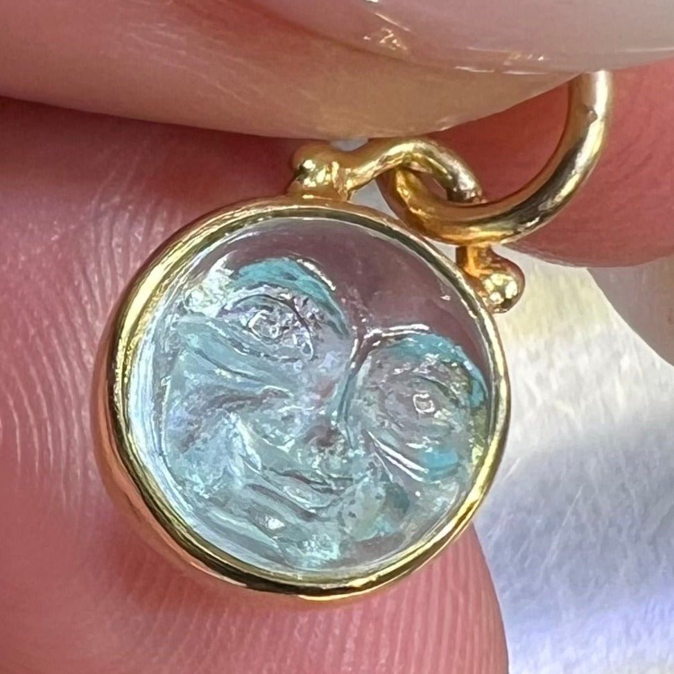 14k Gold Carved Blue "Man in Moon" Face Pendant. 2-Sided *Video*