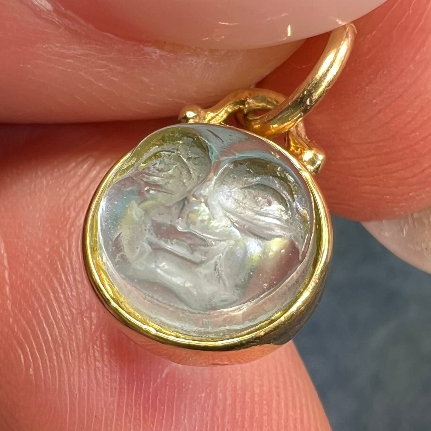 14k Gold Carved Blue "Man in Moon" Face Pendant. 2-Sided *Video*