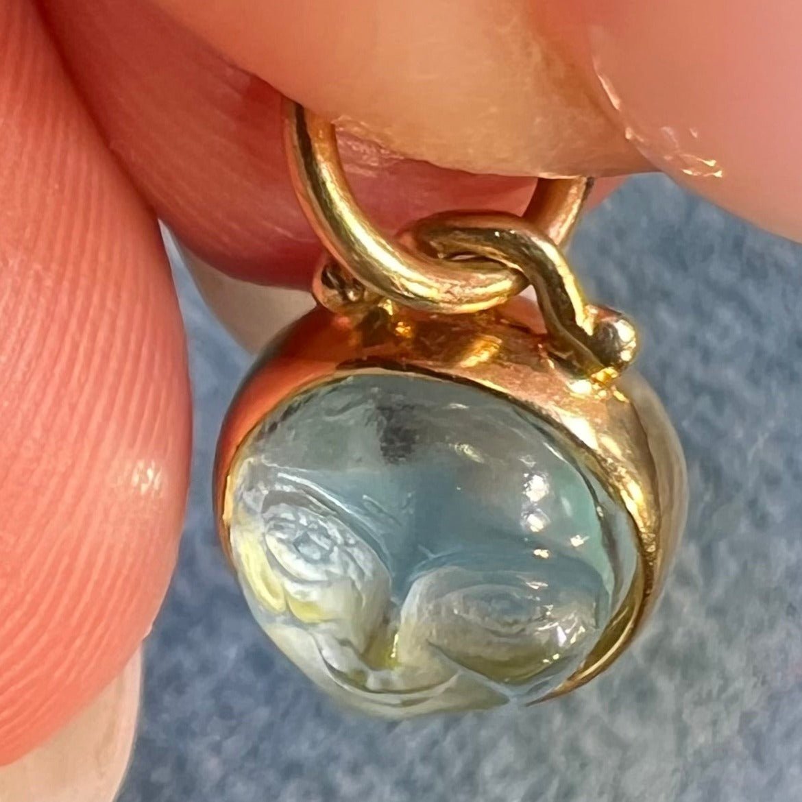 14k Gold Carved Blue "Man in Moon" Face Pendant. 2-Sided *Video*