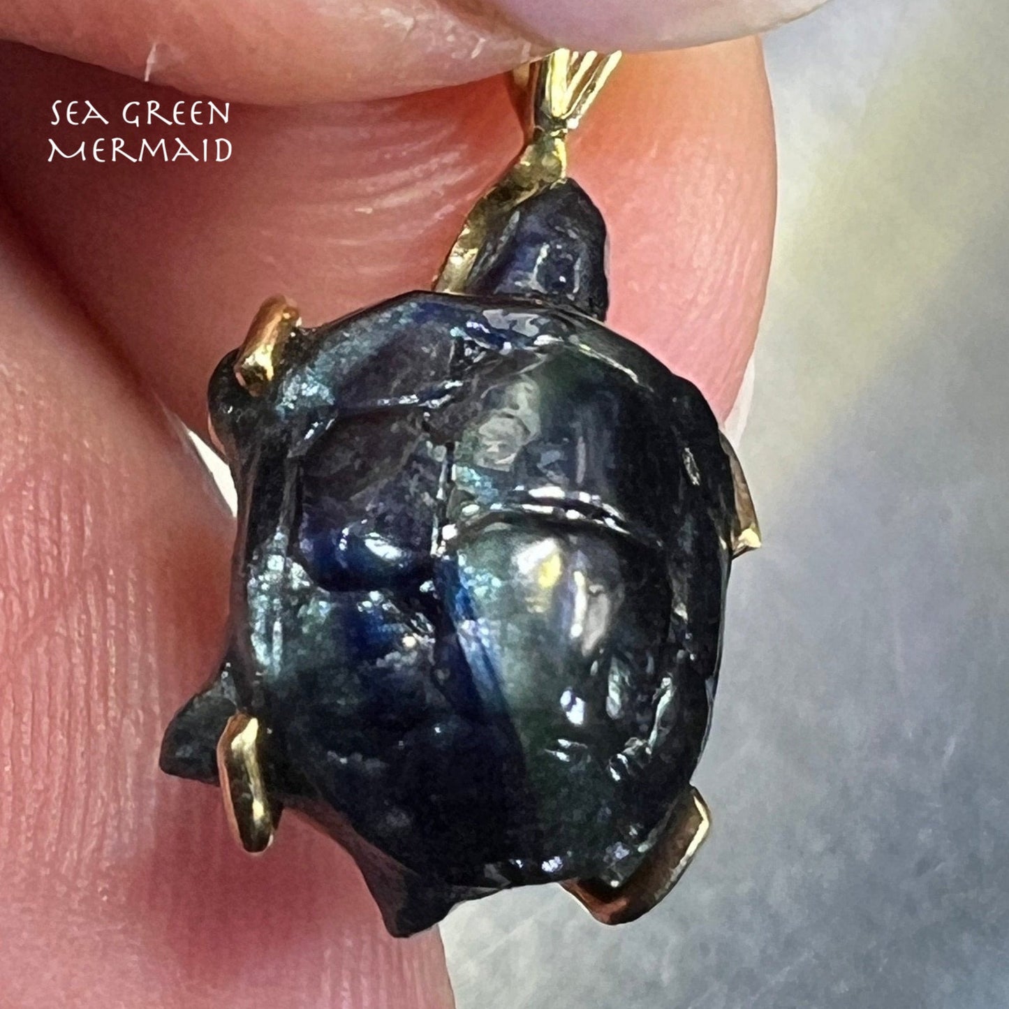 14k Gold Carved Blue Sapphire TURTLE Pendant **Video**