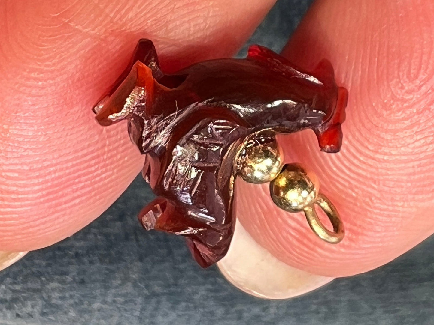 14k Gold Carved Carnelian Mama Hen Chicken Pendant. Antique