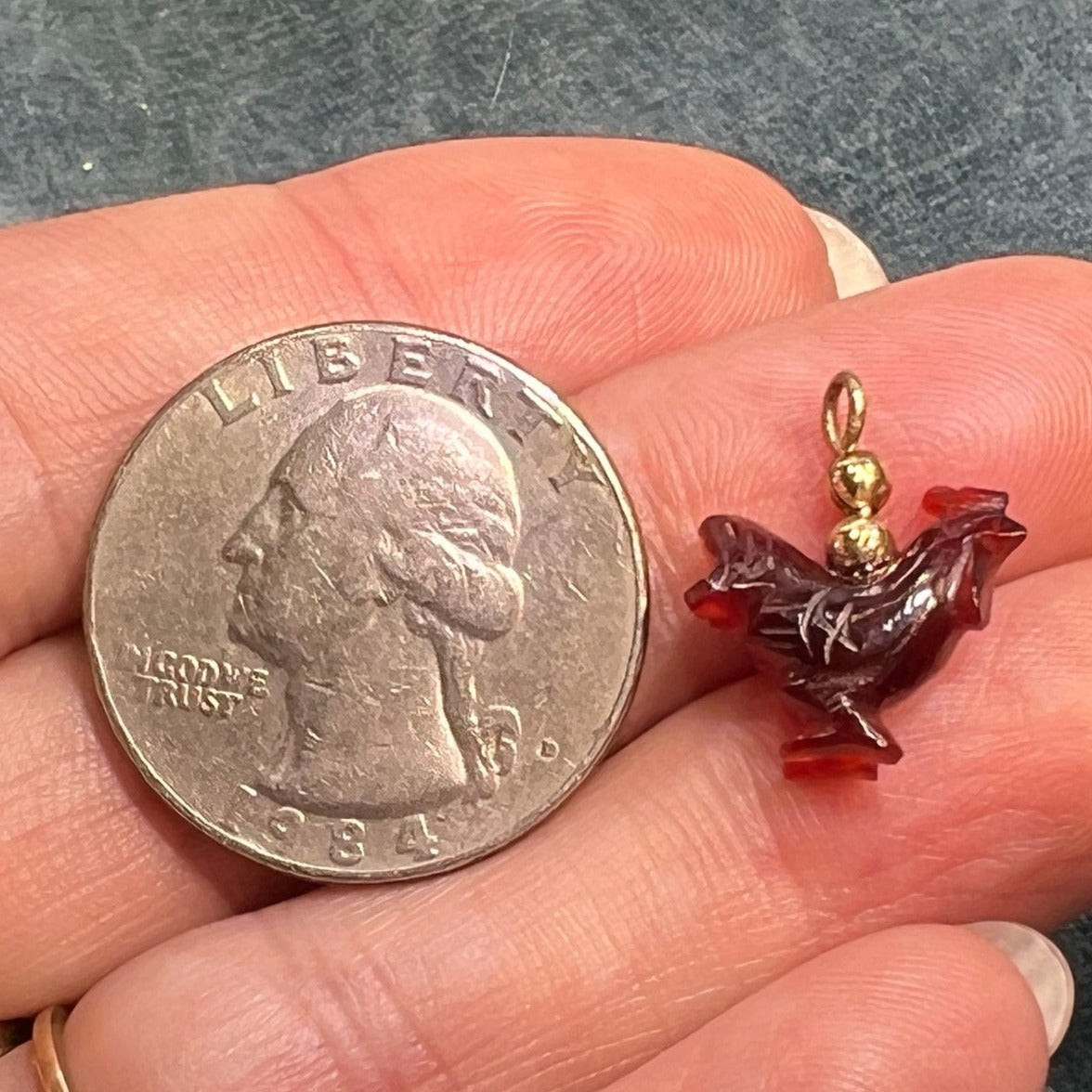 14k Gold Carved Carnelian Mama Hen Chicken Pendant. Antique