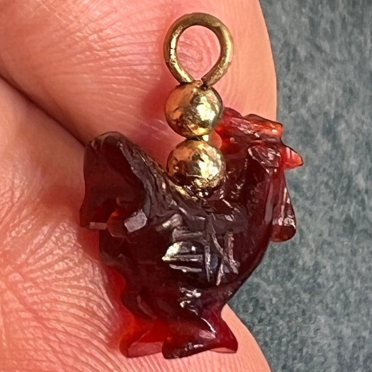 14k Gold Carved Carnelian Mama Hen Chicken Pendant. Antique