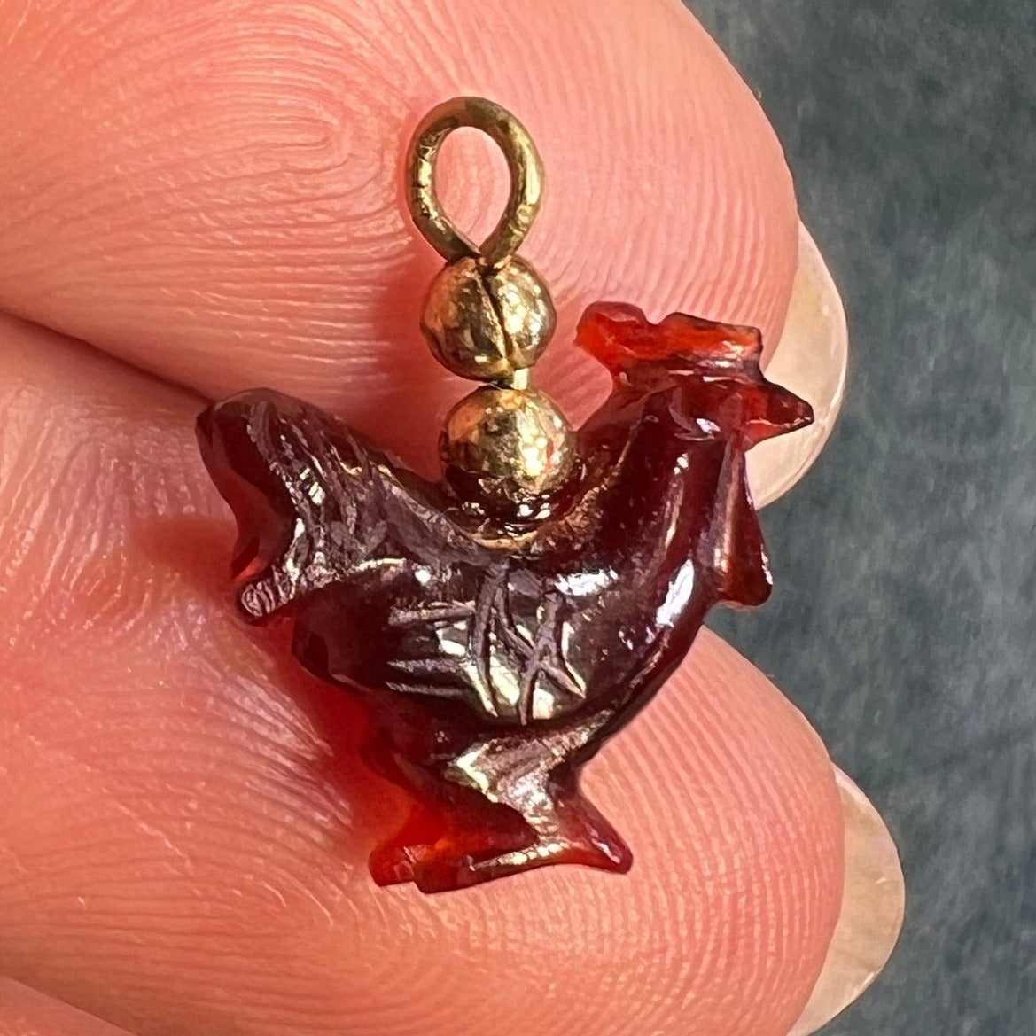 14k Gold Carved Carnelian Mama Hen Chicken Pendant. Antique