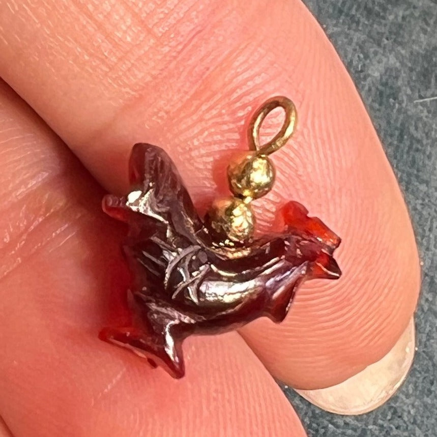 14k Gold Carved Carnelian Mama Hen Chicken Pendant. Antique