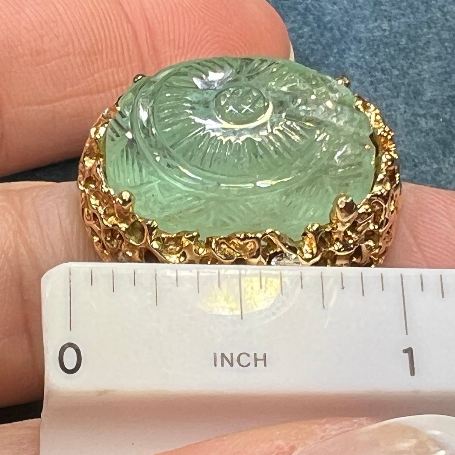 14k Gold Carved Emerald Ring w Diamonds. 1" + 20g *Video*