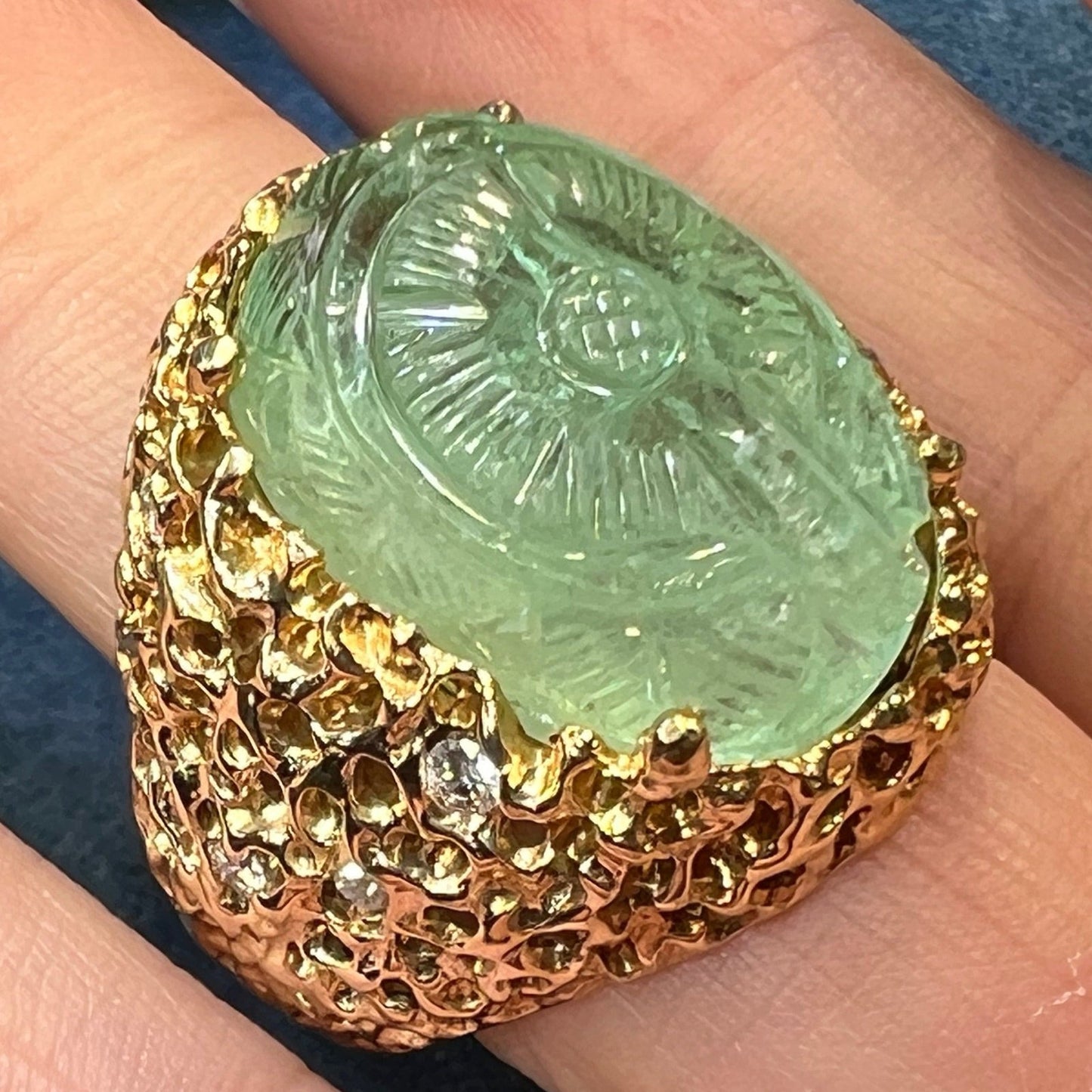 14k Gold Carved Emerald Ring w Diamonds. 1" + 20g *Video*